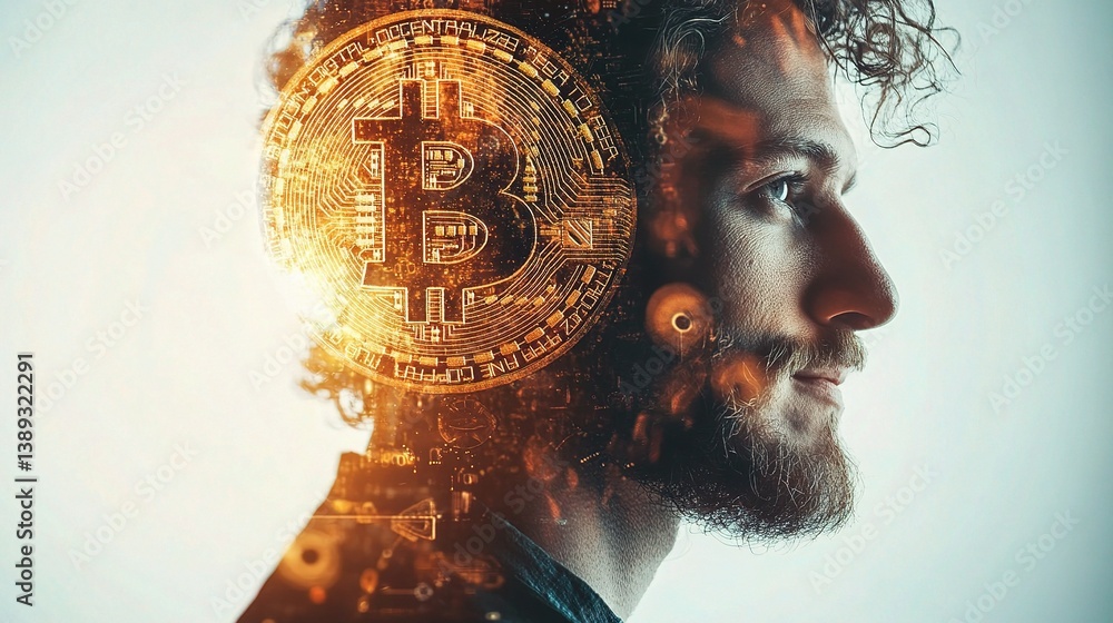 Poster artistic representation of ai and cryptocurrency in double exposure format