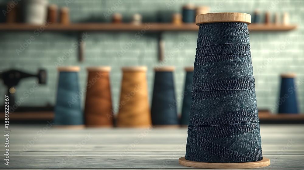 Poster a tall spool of dark thread stands prominently in the foreground, with colorful spools arranged neat