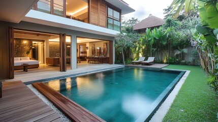 Fototapeta premium Minimalist tropical villa with pool and garden, embodying serene simplicity and harmony.