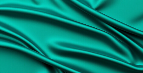 Dark teal green silk satin. Shiny smooth fabric. Soft folds. Luxury background with space for design.