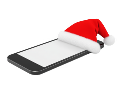 3D Illustration Of Christmas Santa Hat On A Mobile Phone With White Screen