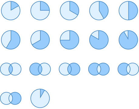 Pie Chart & Venn diagram icon set. Section, segment, infographics, statistics, analytics, merge, degrees, join, part, diagrams, graphs, charts, circle. Vector illustration with icons. 