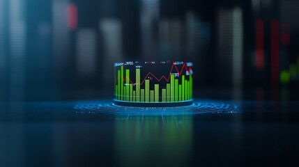 Circular chart showing green bars and red line, on a patterned surface, against a blurred backdrop