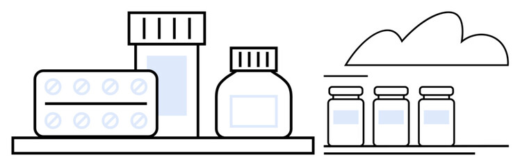 Medicine bottles, tablet pack, and glass jars on a shelf suggesting pharmacy, healthcare, or pharmaceutical use. Ideal for health, medicine, prescription pharmacy drugstore wellness storage. Flat
