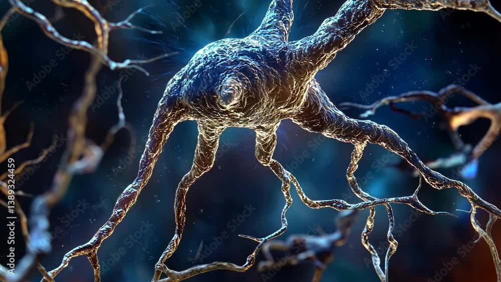 Poster detailed 3d rendering of a neuron showing dendrites extending outwards on a dark blue background, sy