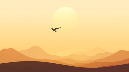 Obraz premium Bird flying over sunset mountains.