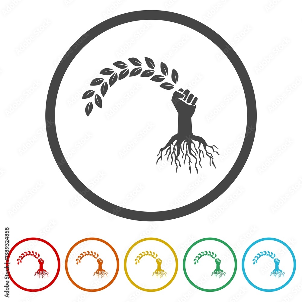 Poster root hand branch logo. set icons in color circle buttons