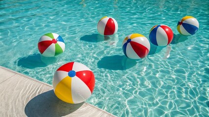 Six colorful beach balls floating in a clear blue swimming pool, capturing a fun and summer vacation scene.

