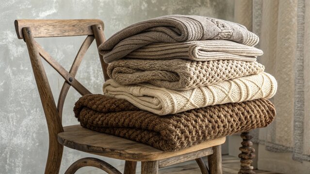A stack of folded knitted blankets on a rustic wooden chair, capturing a cozy and warm home decor scene.
 - Powered by Adobe