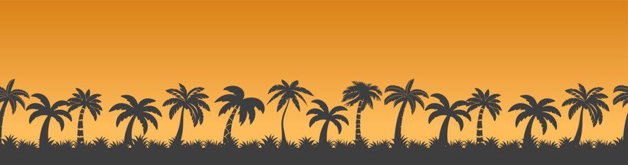 Naklejka premium Black palm trees pattern on sunset background. Palm tree summer logo, coconut tree icon. Palm tree silhouette icon.