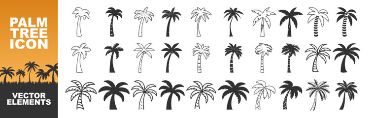 Palm tree summer logo, coconut tree icon. Palm tree silhouette icon. Miami beach tropic coconut tree. Summer hawaii palm tree icon set. © Pavlo
