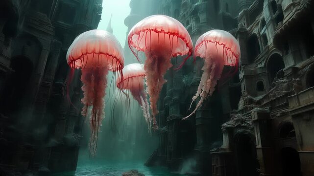 Colorful jellyfish swim gracefully in an ancient sunken city with eerie architecture and water