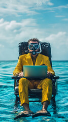 Man in yellow pinstripe suit, scuba mask, and flippers sits in chair in ocean, using laptop.  Illustrates unusual work environment, remote work, or unexpected situations
