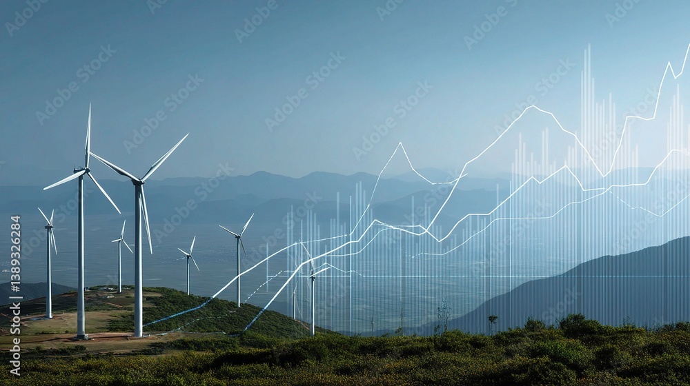 Poster wind turbines and solar farms with data visualization overlay