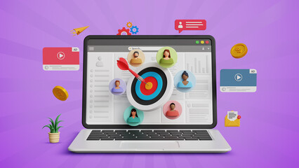 Target audience, targeted ads strategy, marketing segmentation, customer acquisition, online campaign, customer centric strategies concept. 3D laptop with dartboard and target customers