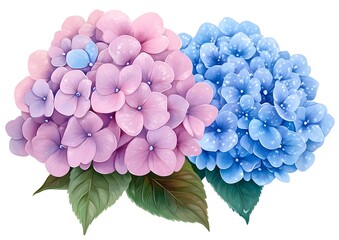 Two vibrant hydrangea blossoms, one light purple, the other light blue, detailed illustration