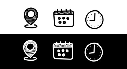 Doodle address location icon. Clock / watch or time icon. Hand drawn Date Calendar icon. Marker icon, Alarm symbol. Web icons set