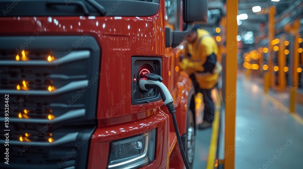 Poster a red electric truck is plugged into a charging station at a logistics facility. workers are present