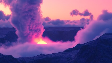 Fototapeta premium Sunset above mountainous volcanic landscape, with smoke, clouds, and sun, great background, environmental stock photo