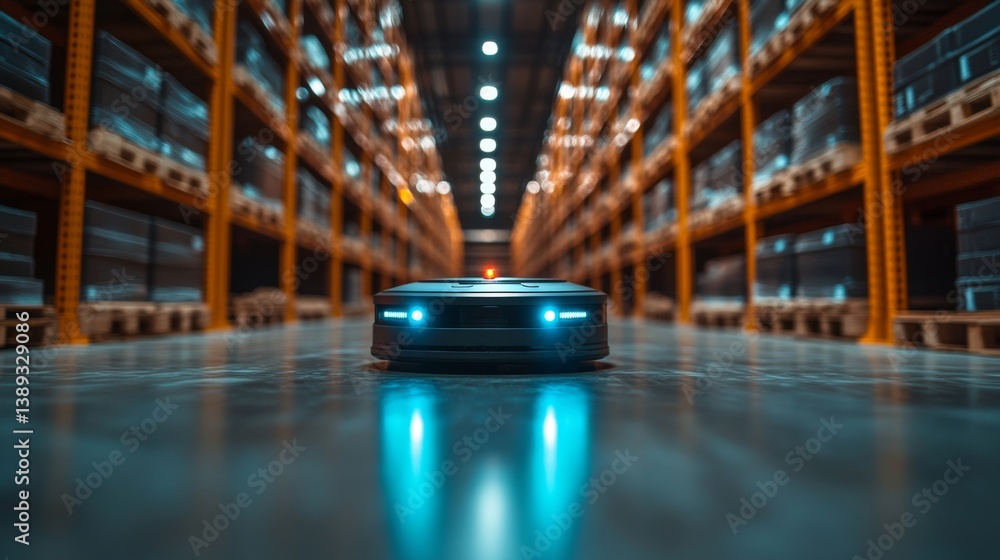 Poster A robot moves efficiently through an extensive warehouse, illuminated by bright lights. It navigates shelves stacked with pallets, emphasizing automation in logistics.