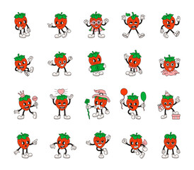 Groovy retro cartoon strawberry character dancing smiling playing holding balloon cape love money gift thinking