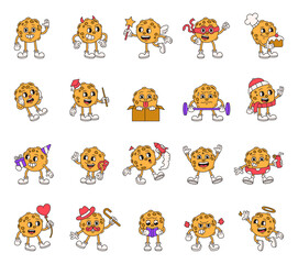 Groovy retro moon characters in cartoon outline vintage funny expressive style with costumes emotions and holiday elements