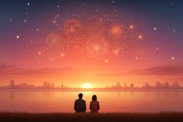 A romantic couple watching fireworks during a festival night by a lake