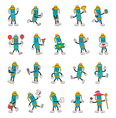 Groovy retro pen characters in cartoon outline vintage funny expressive style with emotions gestures costumes and everyday activities