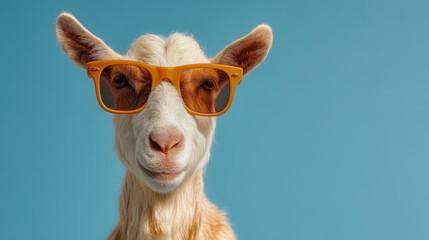 Funny cool goat wearing sunglasses animal portrait close up stock photography