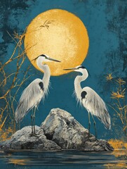 Egrets Under the Moon By Generated AI