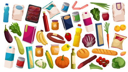 Assorted grocery food items including vegetables, fruits, and packaged goods in a flat graphic style on white background. Vector illustration