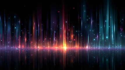 Colorful light trails reflecting on a surface with falling particles