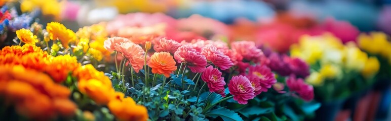 Colorful flowers blooming in a garden center creating a vibrant display of nature's beauty