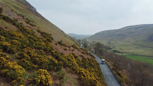 aerial footage of yellow gorse blooming in the scottish highlands