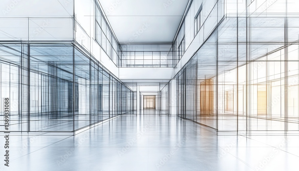 Poster abstract architecture empty hallway perspective drawing minimalist style and bright lighting.