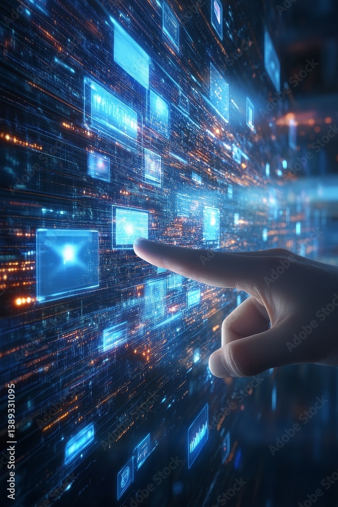 Poster futuristic data stream hand navigating digital information flow with glowing rectangles