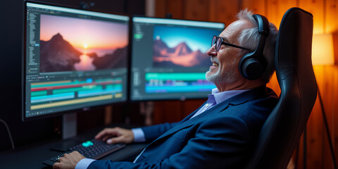 Aged mature video expert, male suit. Film maker office desk, visual media studio owner. Older image editor, audio skill. Ceo work seat chair, music sound artist, movie screen Rich happy adult man idea