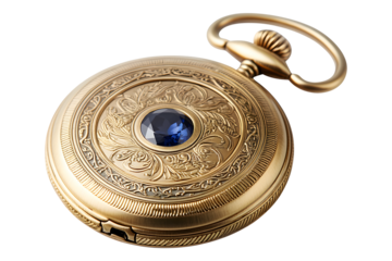 Vintage golden pocket watch with a sapphire gem isolated on transparent background