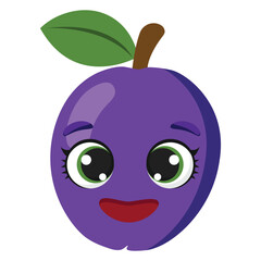 Smiling purple plum with bright eyes and green leaf, packaging, healthy food branding, and fun visual design