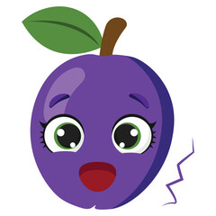 Happy purple plum with big shiny eyes and a green leaf, branding, stickers, and fresh food packaging