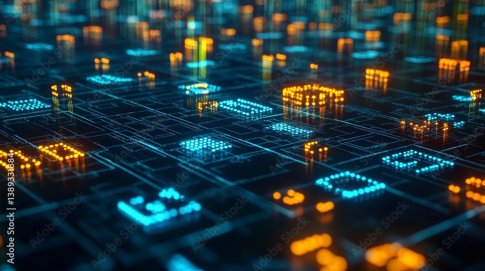 Poster flowing lines of blue and yellow binary digital data against dark background for technology concepts
