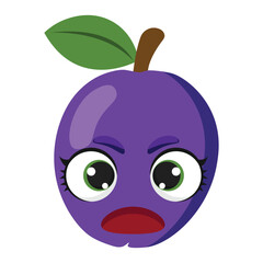 Angry purple plum with big eyes and green leaf, isolated on white background, perfect for kids products, healthy food designs, and educational materials
