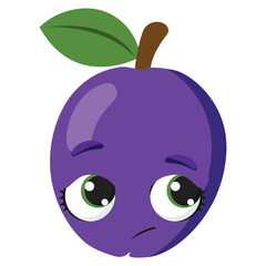 Sad purple plum with big eyes and green leaf, perfect for emotions-based designs, kids products, fruit themes, and healthy eating visuals