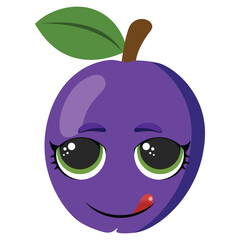 Playful purple plum with green leaf and cheeky smile, ideal for healthy food designs, kids products, menus and fresh fruit visuals