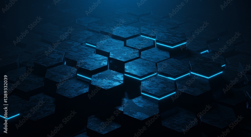 Poster abstract blue hexagon pattern - dark blue hexagon pattern with glowing blue lines, perfect for tech 