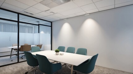 Modern meeting office with blank white wall, table and chairs. Workplace and lifestyle concept. 3D Rendering