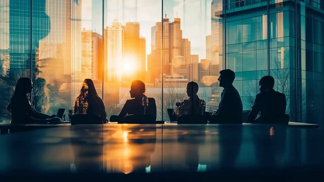 Silhouetted figures convene in a modern office setting against a backdrop of city skyscrapers bathed in the golden glow of the setting sun. Reflections add depth to the scene during a meeting.