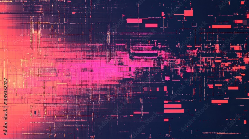 Poster Exploring modern cybernetic themes through a vibrant abstract pixelated digital pattern with structured gaps and high-contrast colors