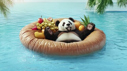 Relaxing panda floating on a fruit-filled pool float