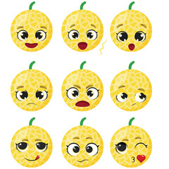 Funny melon characters with textured rind and expressive faces showing different emotions like joy, sadness, surprise, and love ideal for kids learning and creative materials